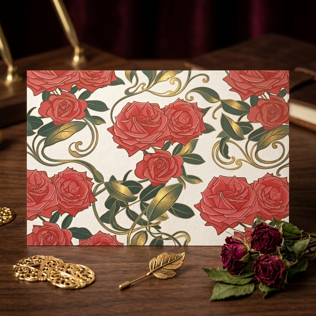 Summer Rose – Scandinavian Floral Wall Art med eleganta rosor och gyllene detaljer på en duk.