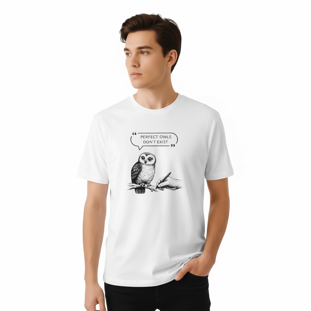 Owl T-shirt med handritad uggla och texten 'Perfect owls don't exist' på vit bakgrund.