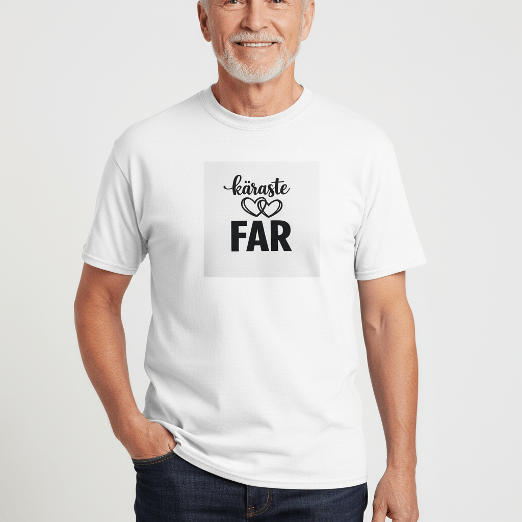Käraste Far premium unisex t-shirt i bomull, bärs av en man med leende, klädd i vitt.
