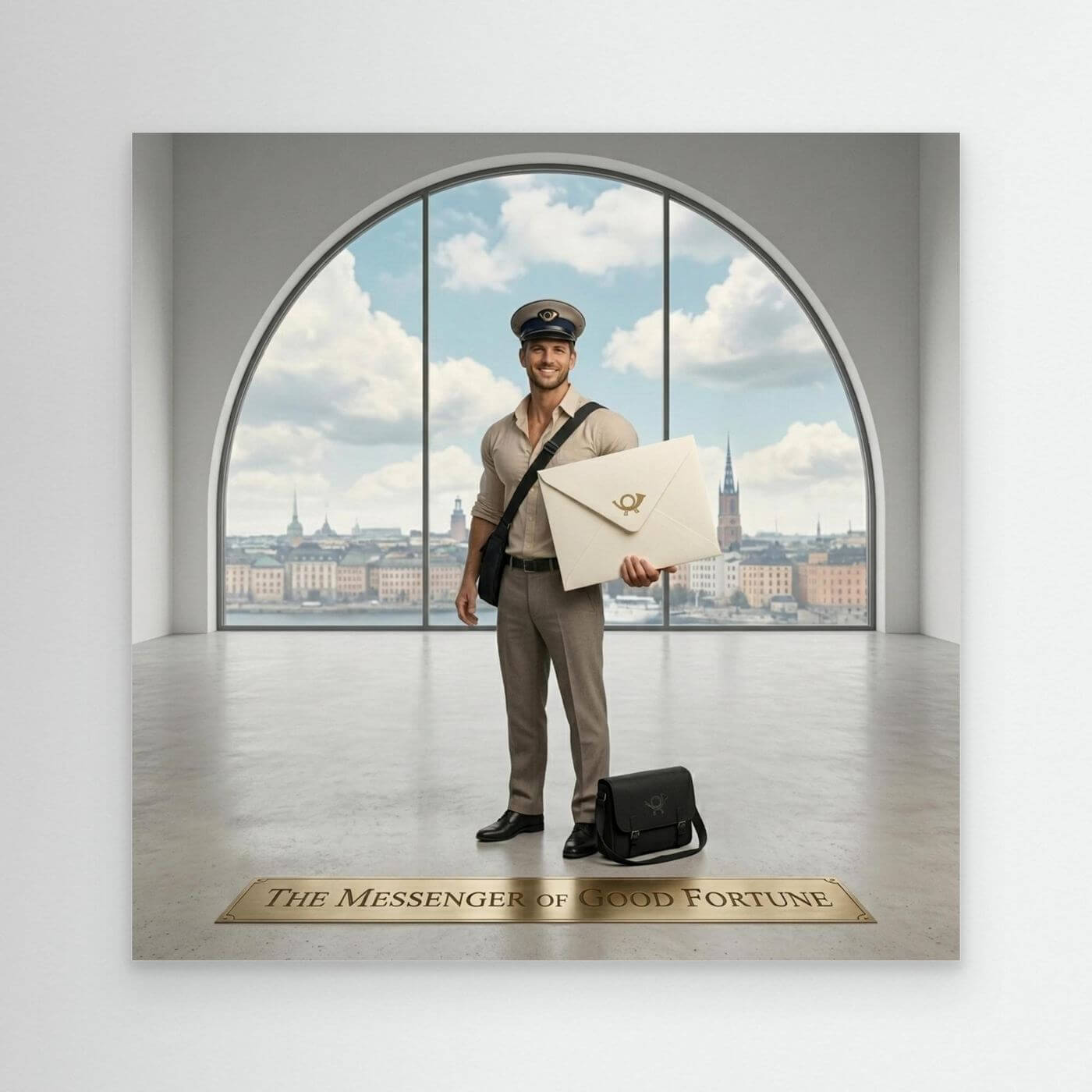 Mailman - The Messenger of Good Fortune standing in a bright room with a view and holding a letter.