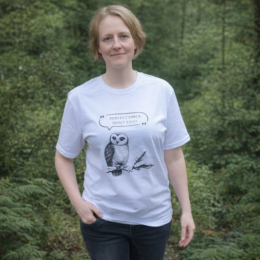 Owl T-shirt med handritad uggla och texten "PERFECT OWLS DON'T EXIST" i en grönskande miljö.