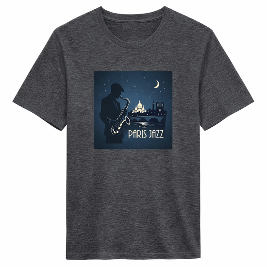 Jazz Club Tee med grafisk design av en saxofonist i Paris på en mörk t-shirt.