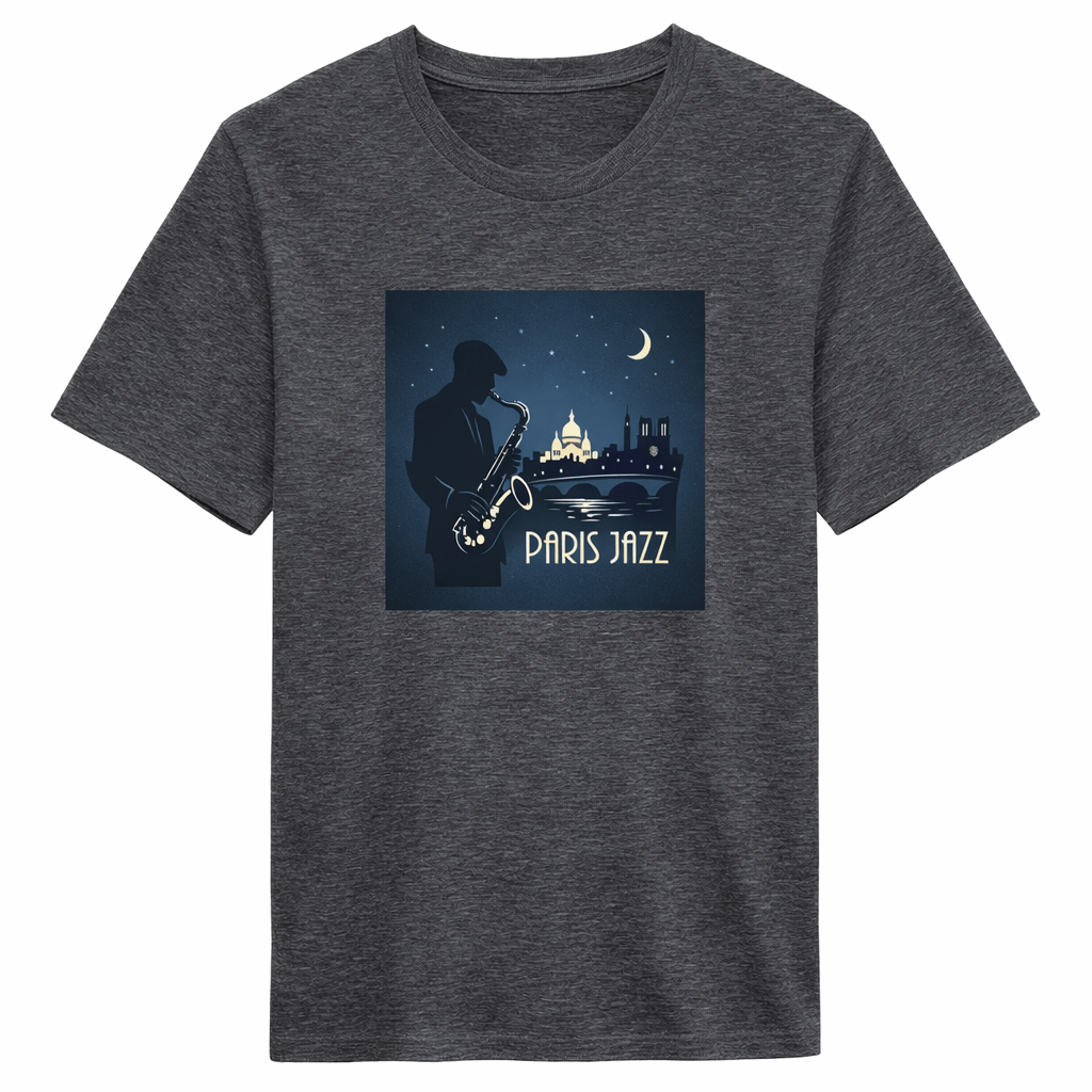 Jazz Club Tee med grafisk design av en saxofonist i Paris på en mörk t-shirt.