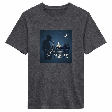 Jazz Club Tee med grafisk design av en saxofonist i Paris på en mörk t-shirt.