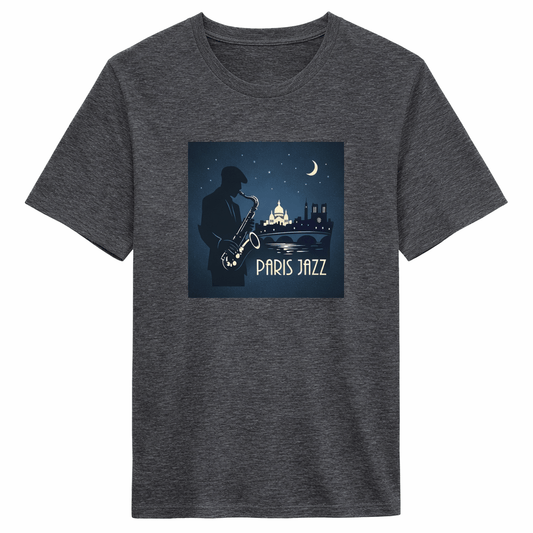 Jazz Club Tee med grafisk design av en saxofonist i Paris på en mörk t-shirt.