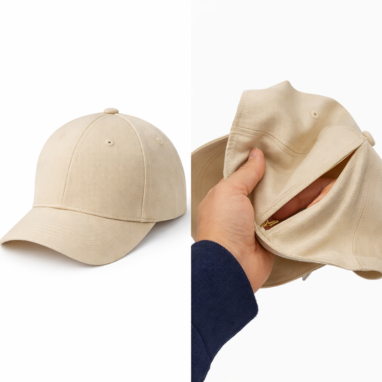 HiddenSplit Cap i beige, unisex mjuk keps med magnetisk öppning för aktivitet och solskydd.