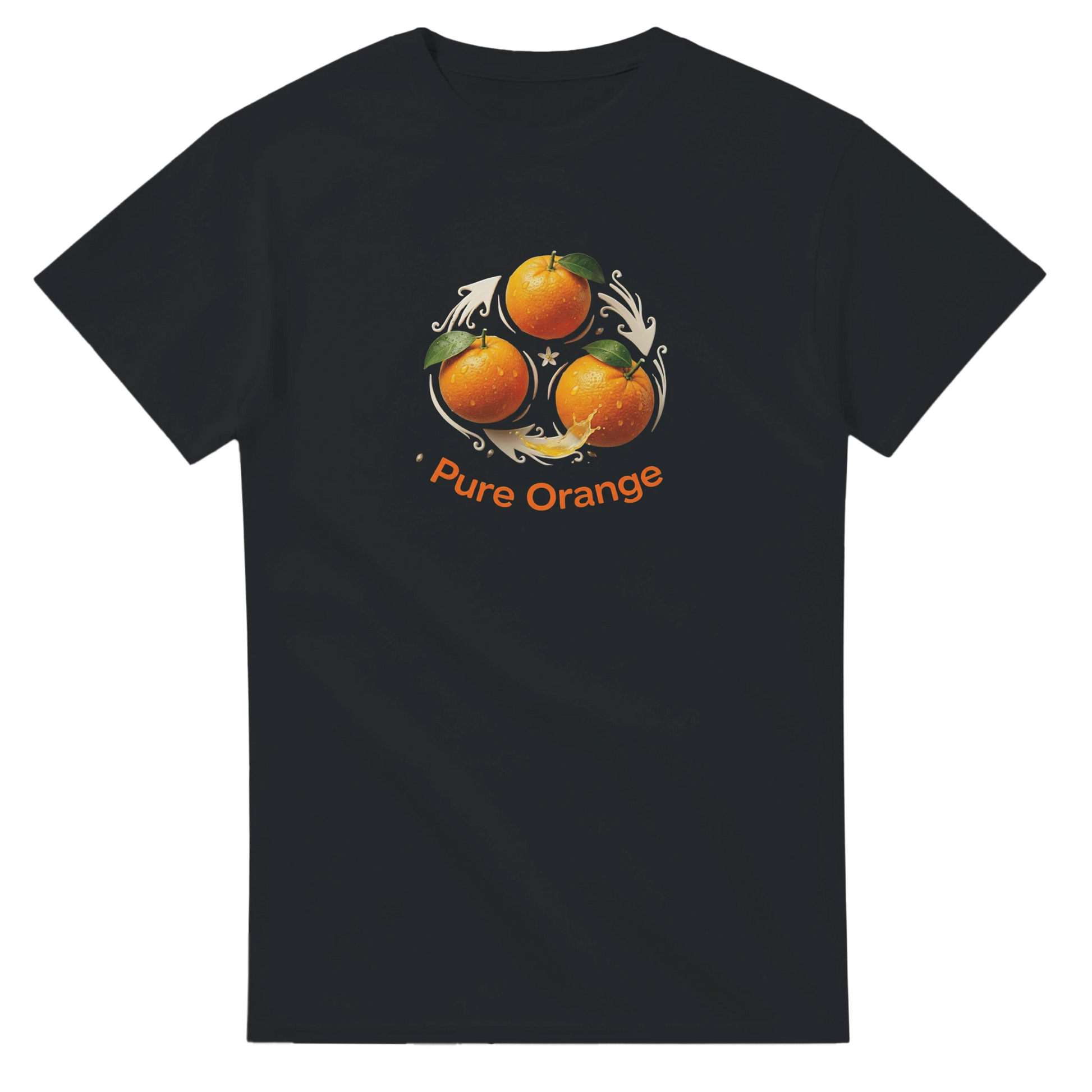 Orange T-shirt med livfullt fruktmotiv och texten Pure Orange på en svart bakgrund.