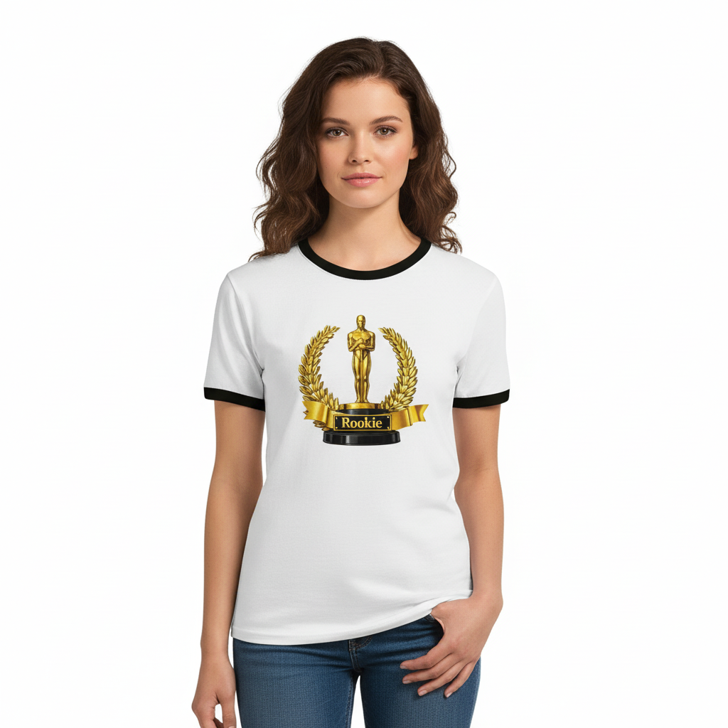 Gyllen Rookie T‑shirt med retro troféfigur, framsida