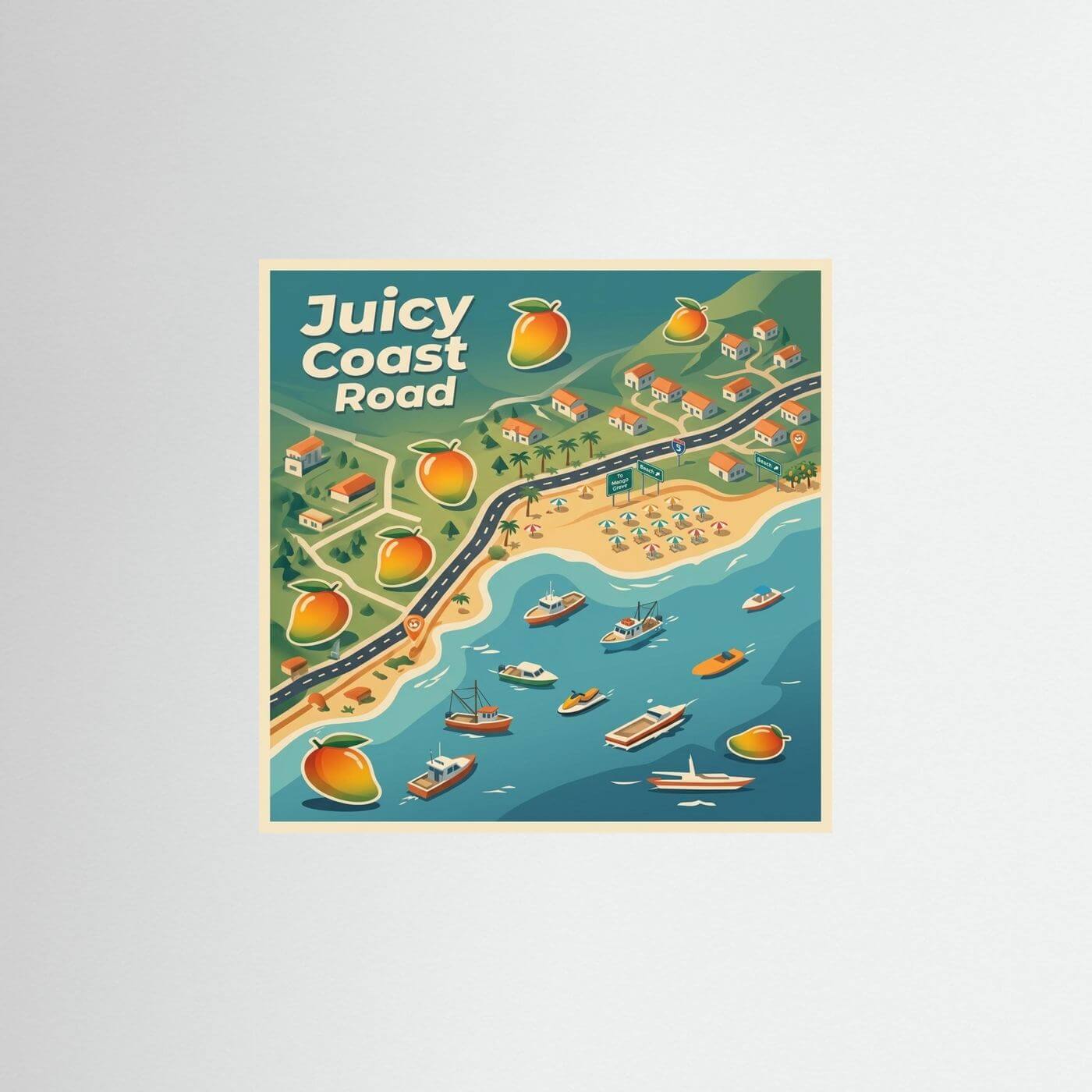 En färgglad affisch med titeln The Juicy Coast Road, som visar en kust med båtar och palmer.