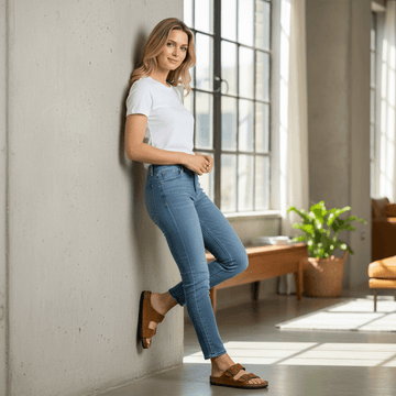 Woman wearing Birkenstock Arizona sandals and jeans in a bright, modern living space.