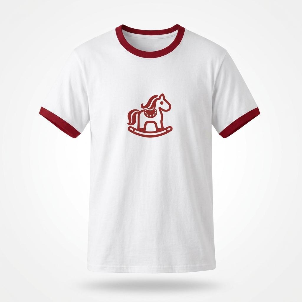 Rocking Horse Ringer Tee med röd gunghäst grafiskt tryck på vit t-shirt med röd kant.