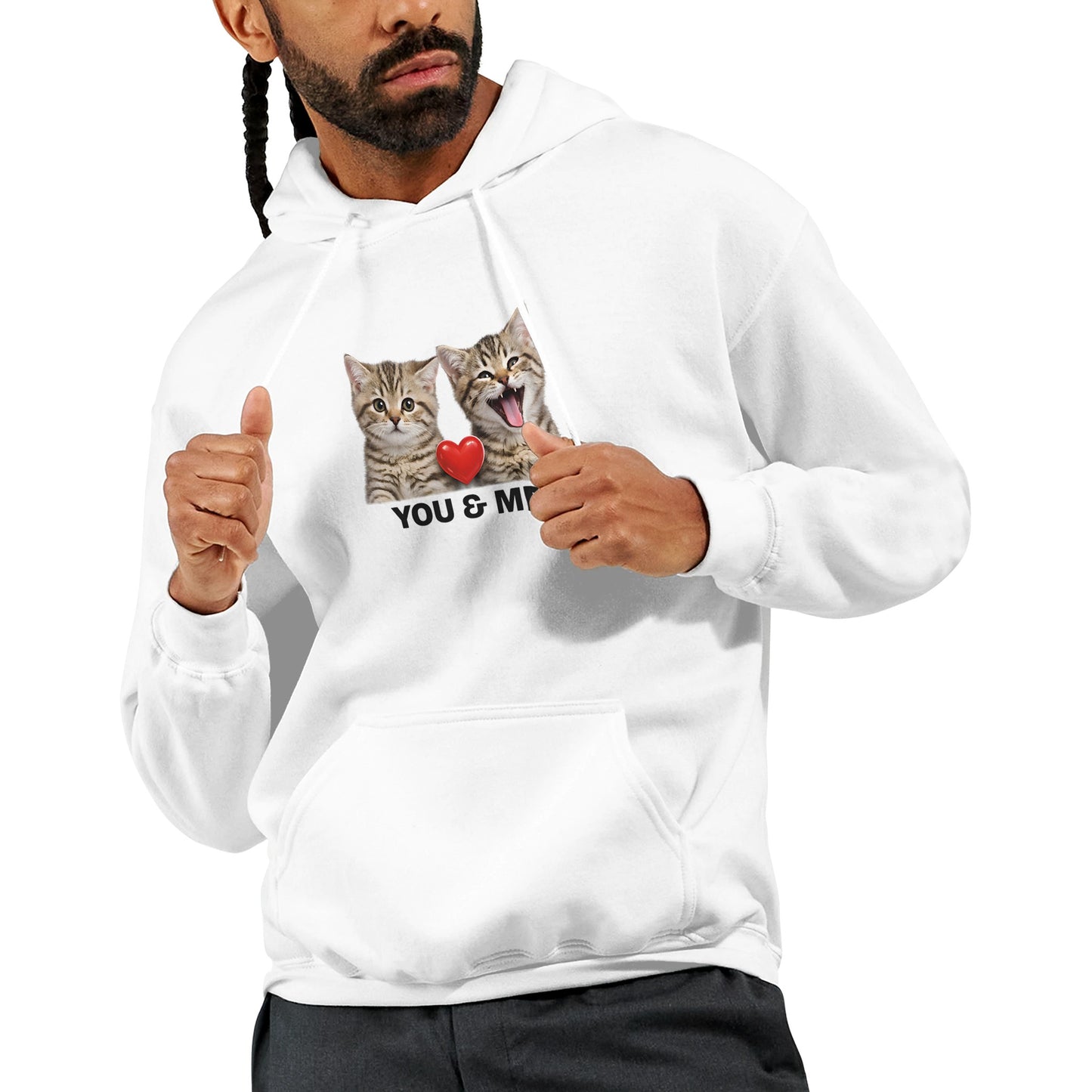 Mjuk Hoodie med Katter och Du Jag Text som visar två kattansikten och texten You & Me.