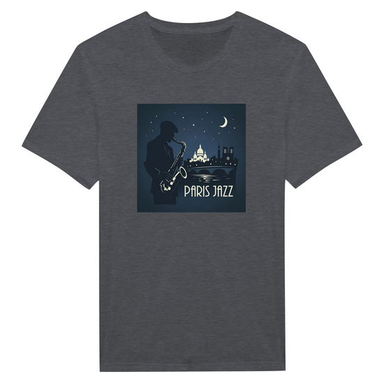 Jazz Club Tee med grafisk illustration av musiker och Paris-jazzmotiv på grå T-shirt.