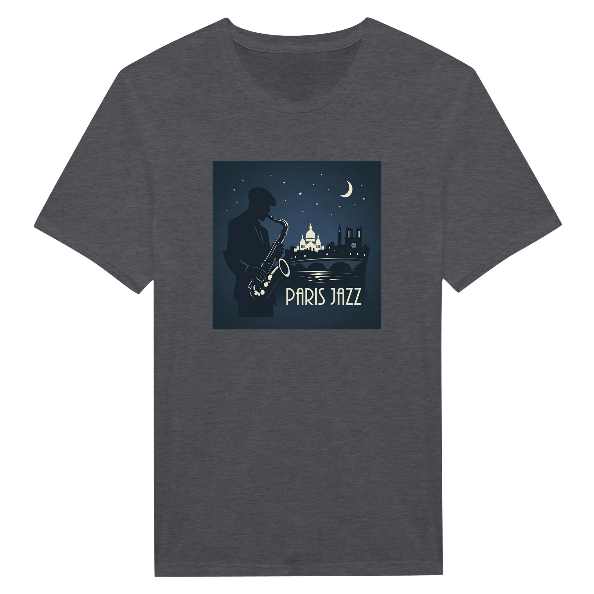 Jazz Club Tee med grafisk illustration av musiker och Paris-jazzmotiv på grå T-shirt.