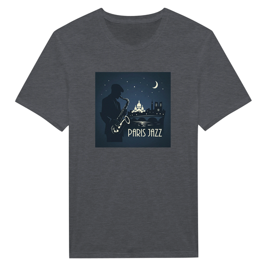 Jazz Club Tee med grafisk illustration av musiker och Paris-jazzmotiv på grå T-shirt.