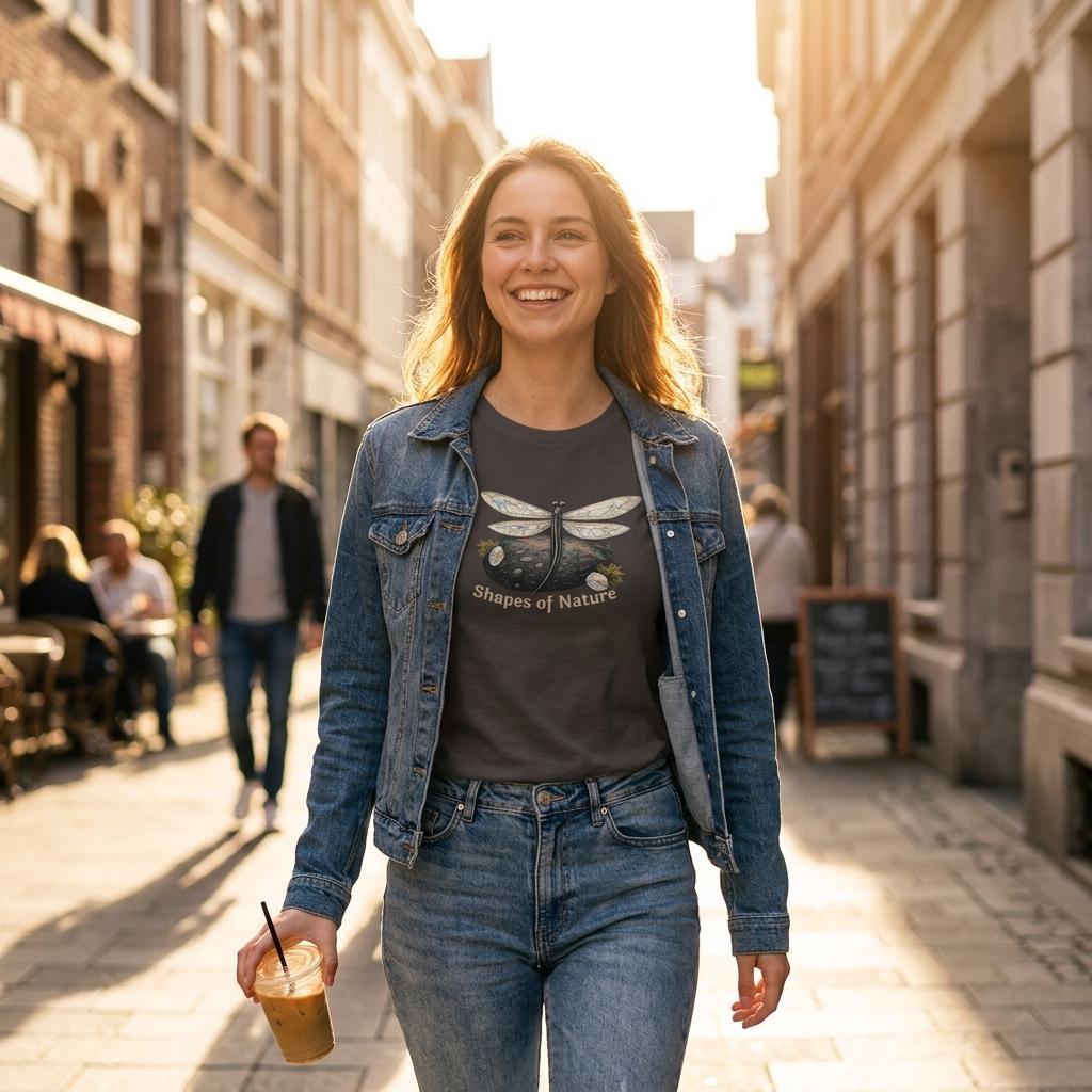 Kvinna bär Shapes of Nature Trollslända-t-shirt på en solig gata medan hon håller en kaffe.