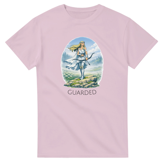 Fantasy T-Shirt med elf guardian illustration i rosa, med texten 'GUARDED' under.
