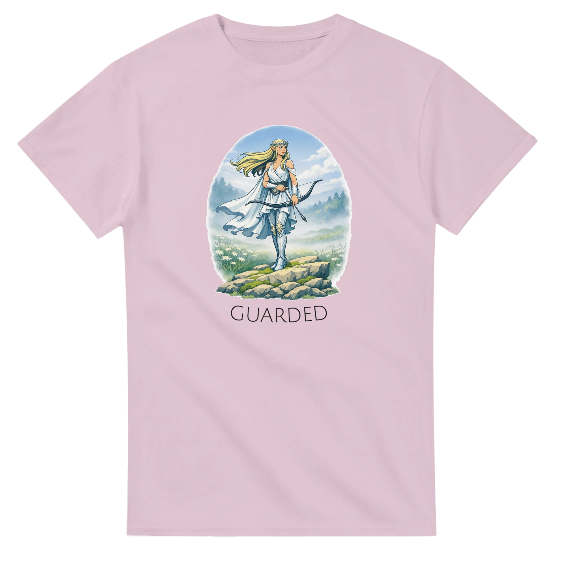 Fantasy T-Shirt med elf guardian illustration i rosa, med texten 'GUARDED' under.