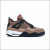 Air Jordan 4 Retro Taupe Hazel sneaker in taupe and black colorway, side view.