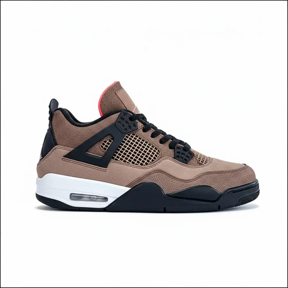 Air Jordan 4 Retro Taupe Hazel sneaker in taupe and black colorway, side view.