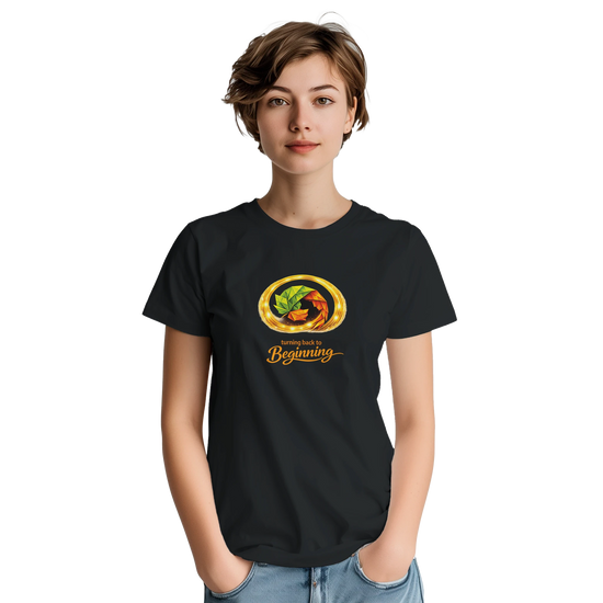 Turning Leaf T-Shirt med origami stil och motiv av löv, tryckt på svart t-shirt