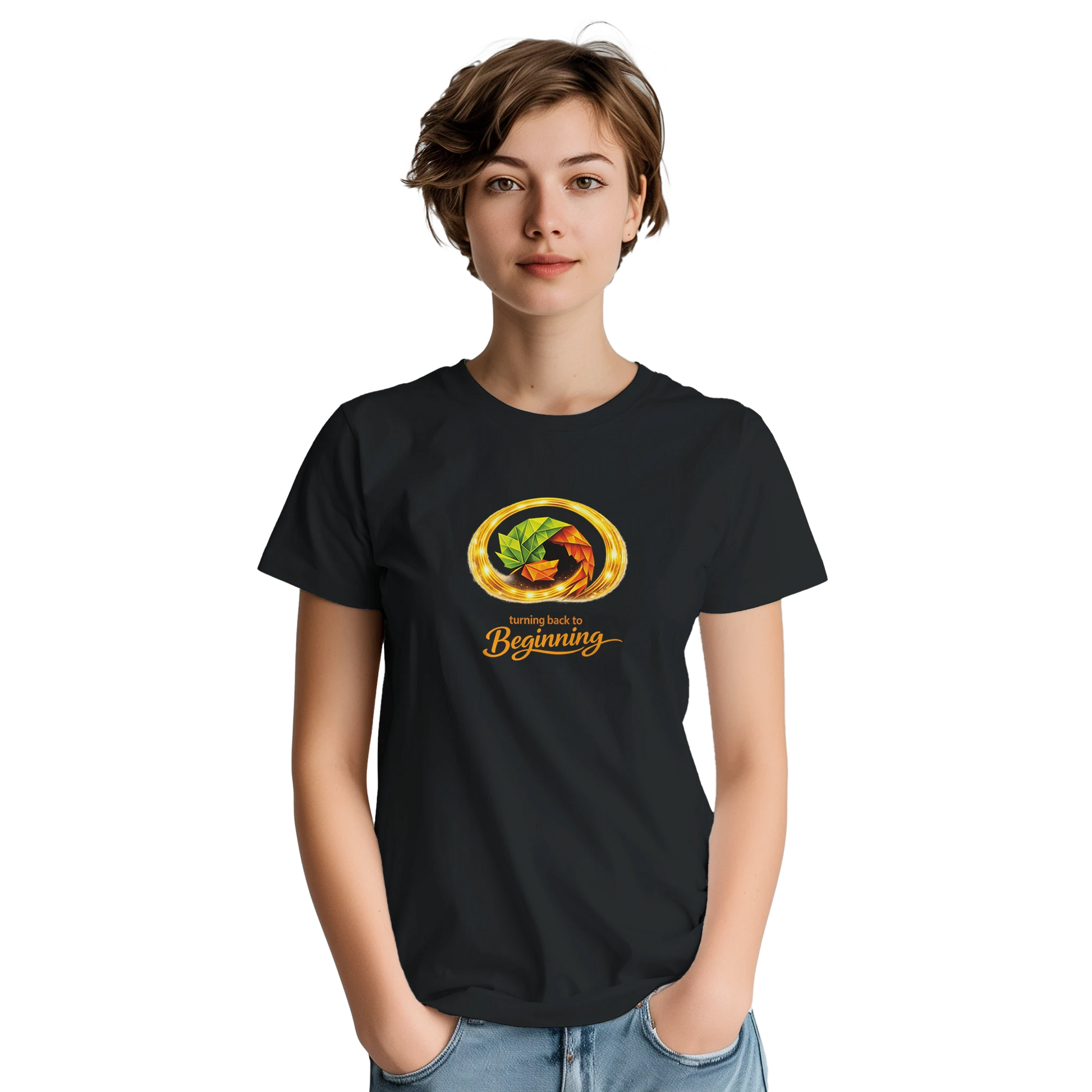 Turning Leaf T-Shirt med origami stil och motiv av löv, tryckt på svart t-shirt