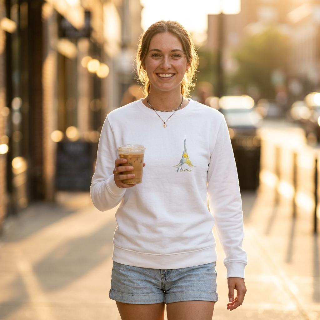 Modern Paris Minimal Graphics Sweatshirt worn by a smiling woman holding a coffee in a sunlit street.