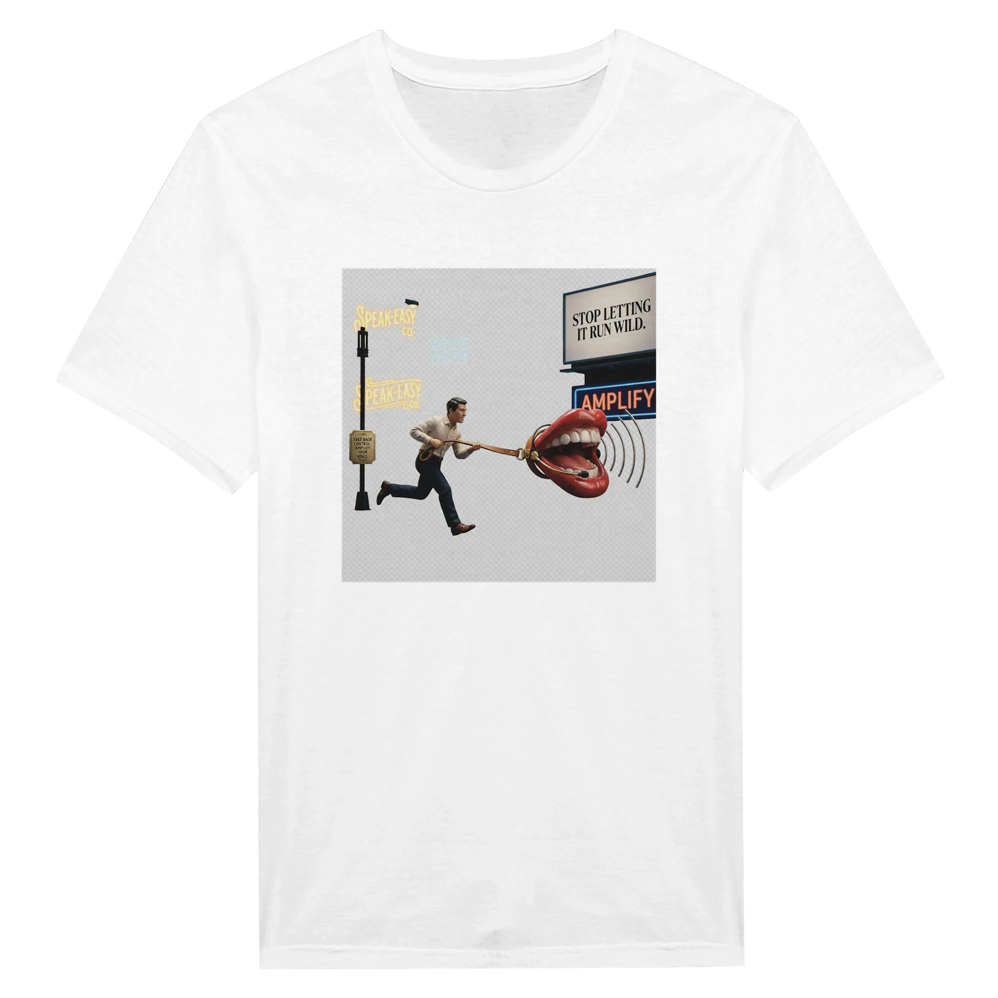 Leashed Voice – The Runaway Microphone Tee med unik design av en man som jagar en mikrofon.