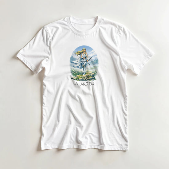 Fantasy T-Shirt med Elf Guardian illustration på en vit t-shirt med texten GUARDED.
