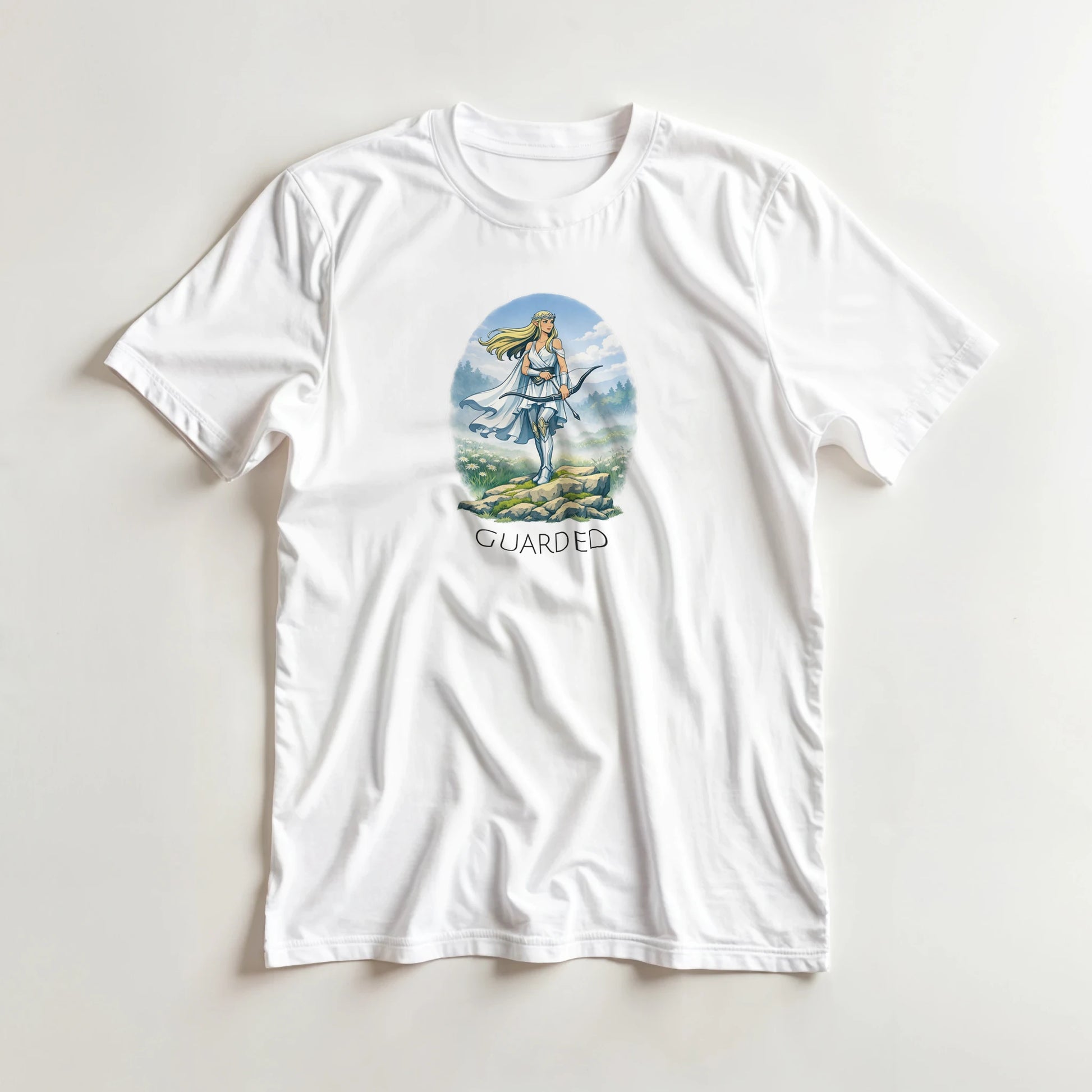 Fantasy T-Shirt med Elf Guardian illustration på en vit t-shirt med texten GUARDED.