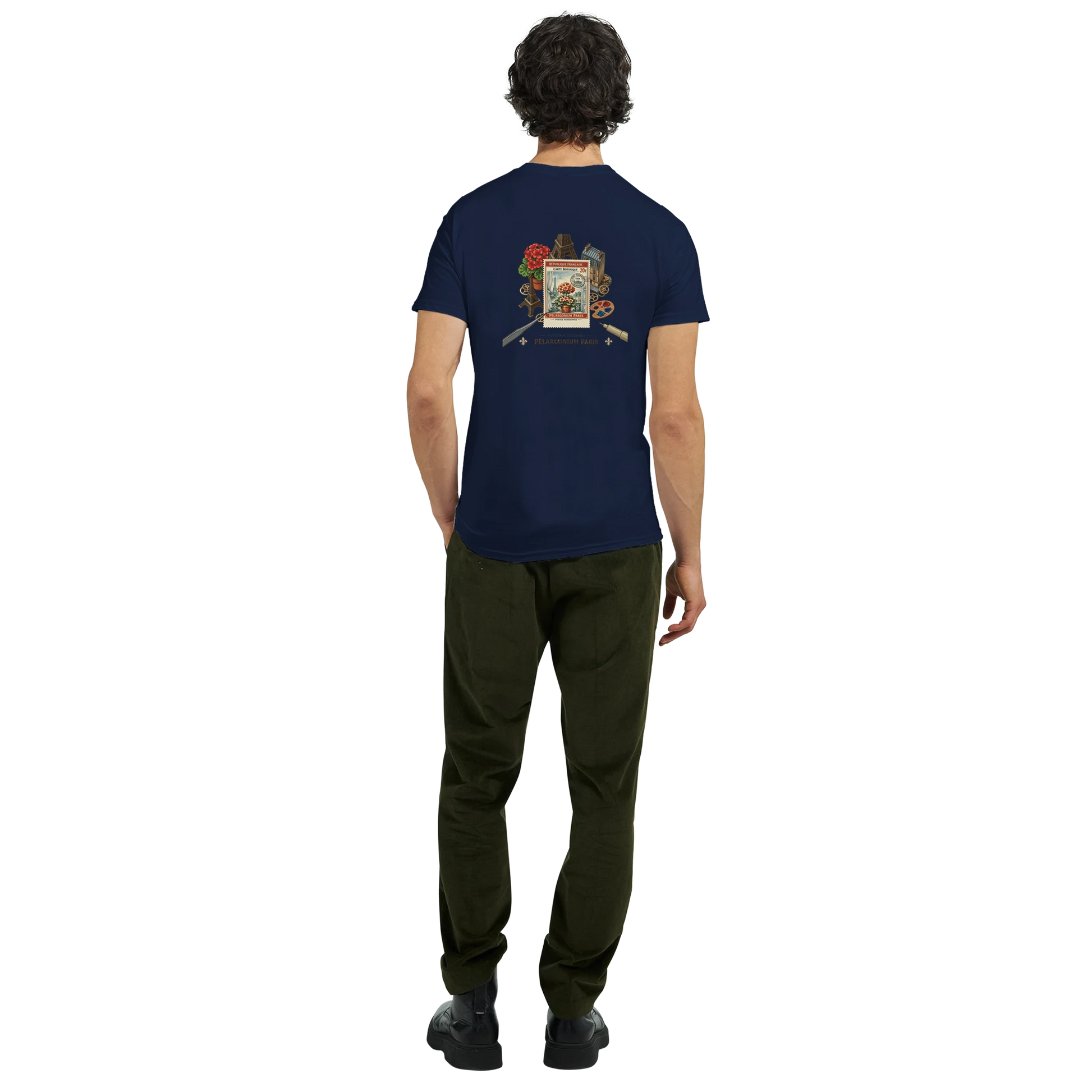 Baksidan av Paris 50s T-Shirt i marinblå färg med vintage floral design och botaniska detaljer.