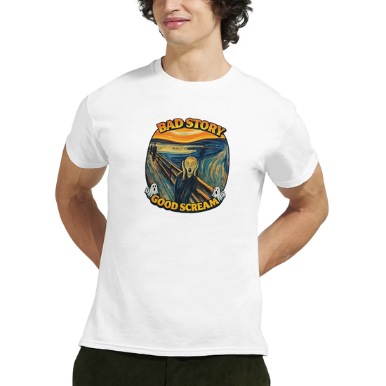 Bad Story Good Scream T‑Shirt featuring Scream Graphic Art Tee design on a white shirt.