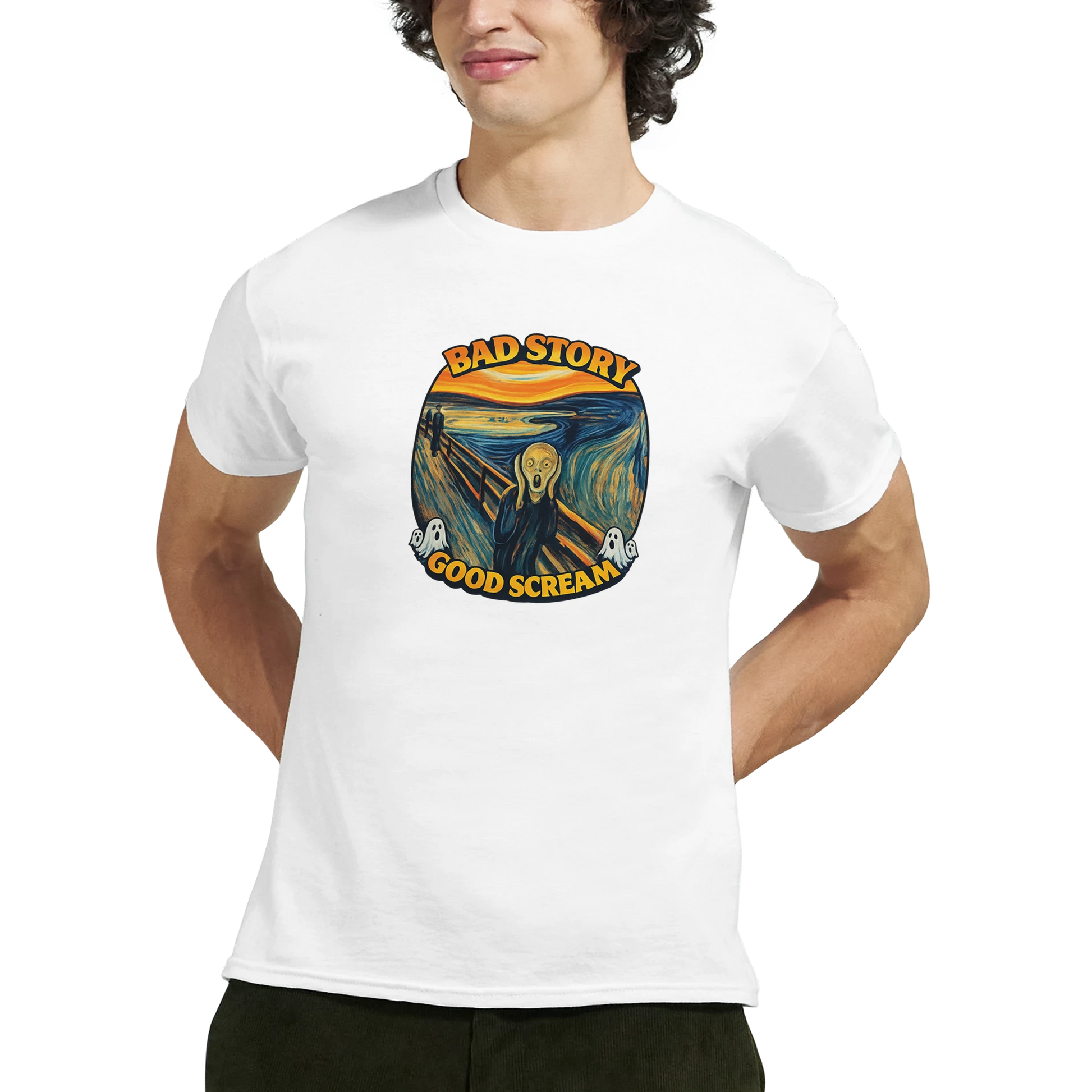 Bad Story Good Scream T‑Shirt featuring Scream Graphic Art Tee design on a white shirt.