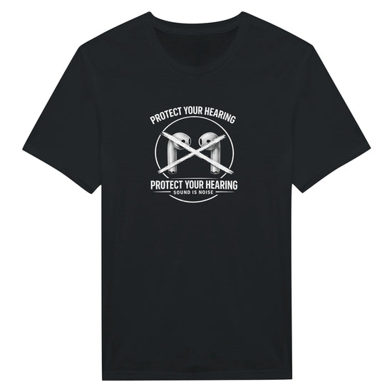 Svart t-shirt med texten Protect Your Hearing och symboler för ljud, perfekt för att skydda hörseln.