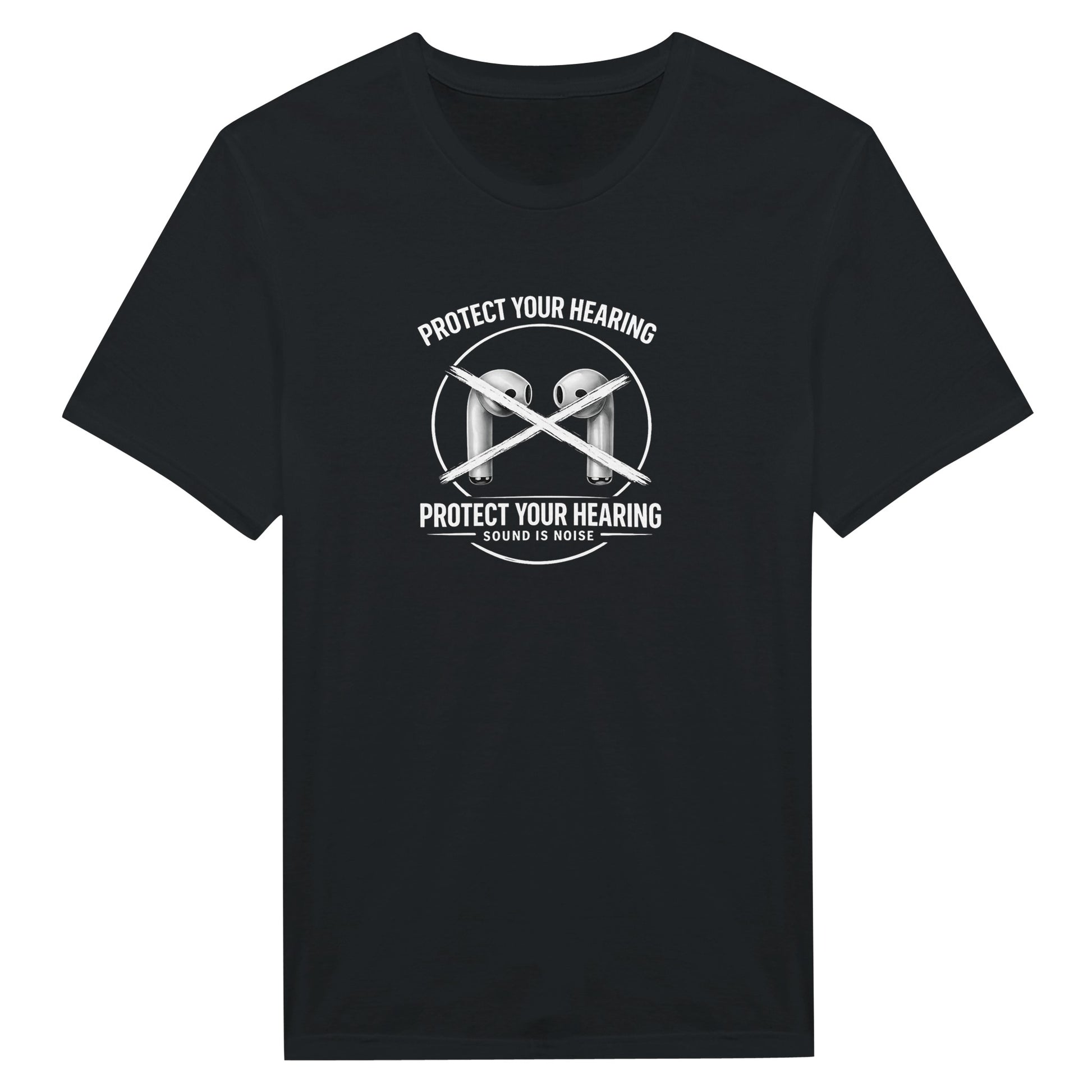 Svart t-shirt med texten Protect Your Hearing och symboler för ljud, perfekt för att skydda hörseln.