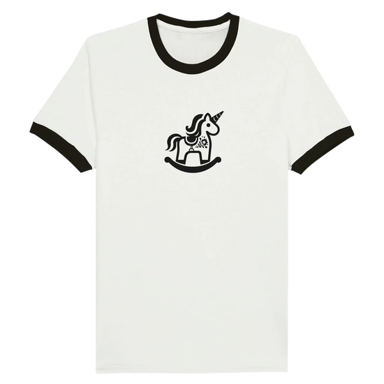 Magic Unicorn Ringer T-shirt med retro Dalarna design och gunghästmotiv