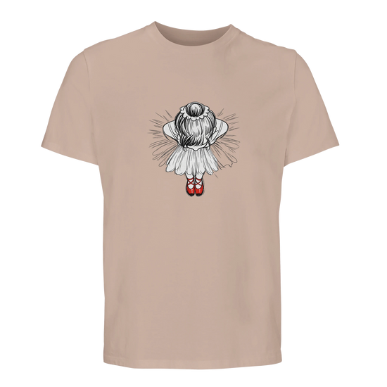 Röda dansskor - ekologisk t‑shirt med ballerinaillustration i mjuka färger