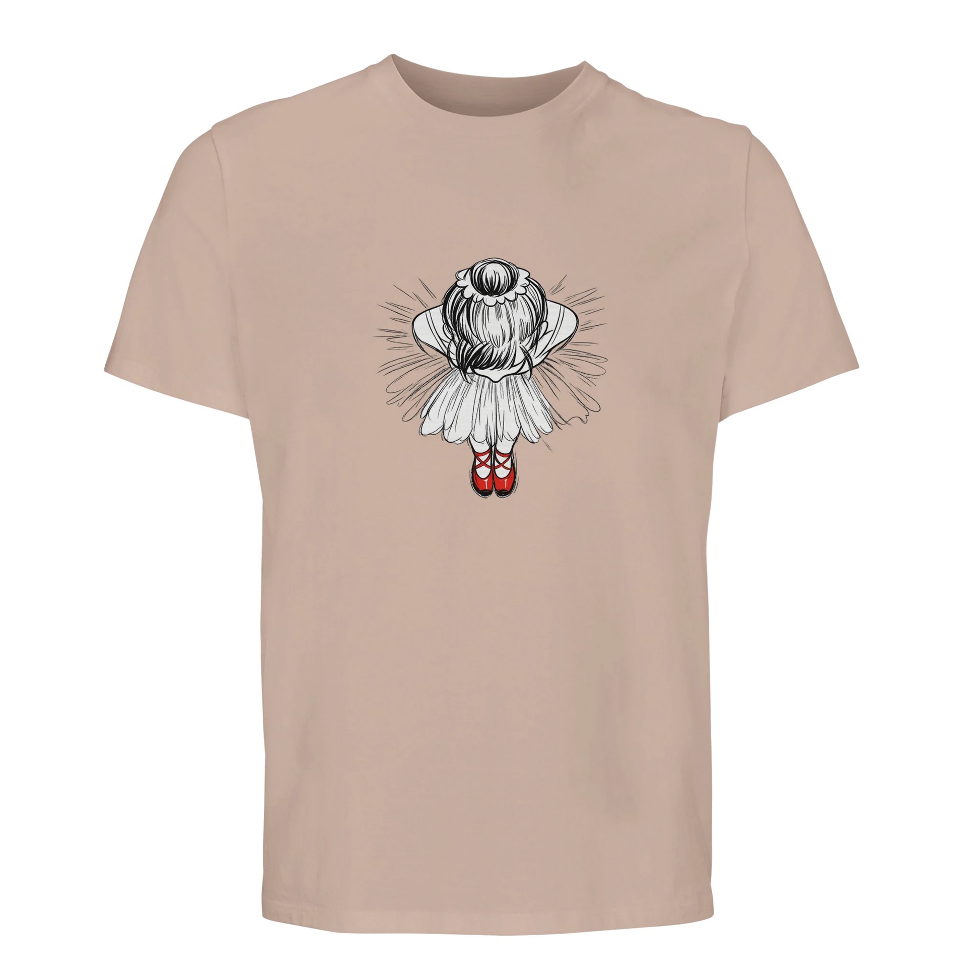 Röda dansskor - ekologisk t‑shirt med ballerinaillustration i mjuka färger