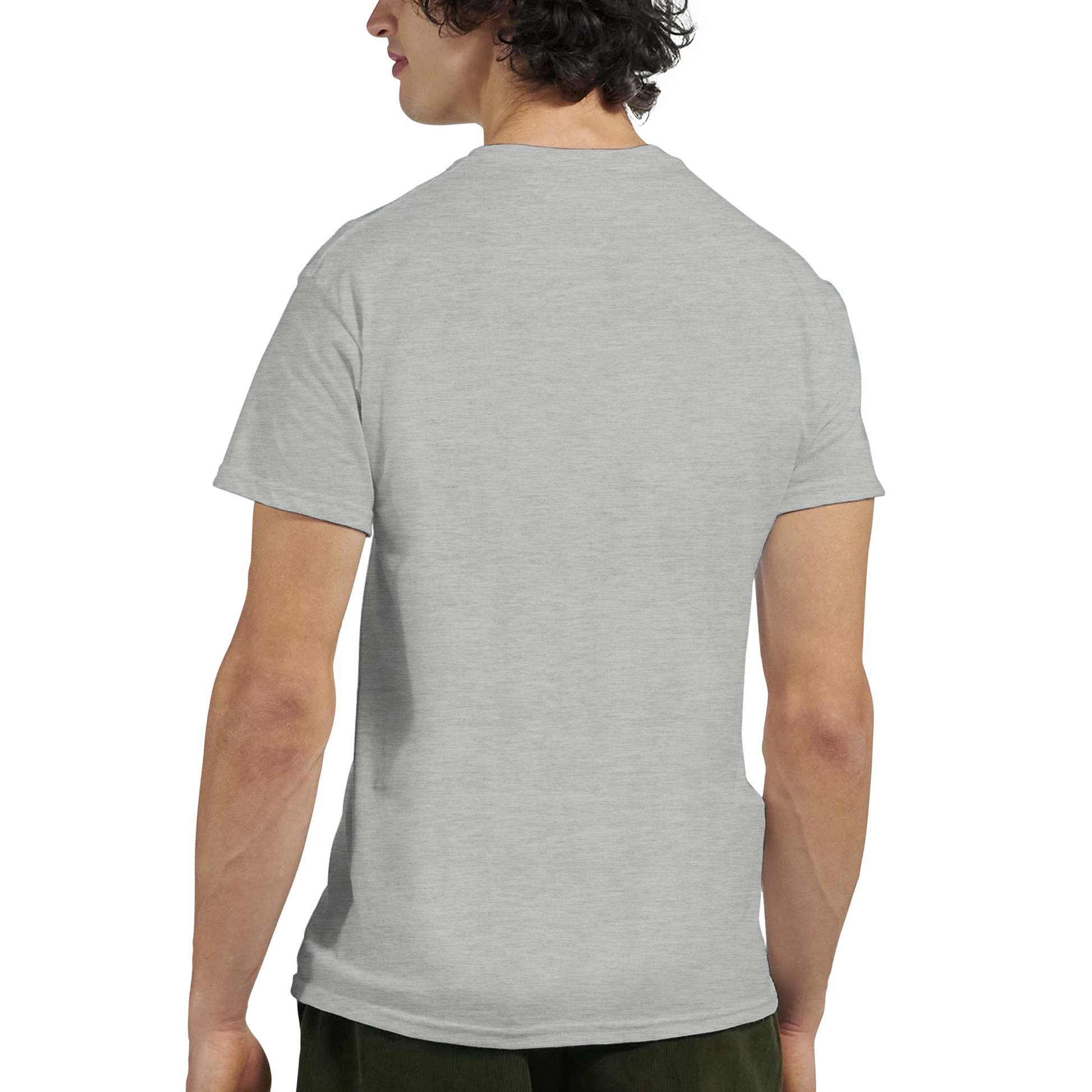 Bakvy av Energi Nivå Tee, en grå grafisk t-shirt med fokus på energitillstånd.