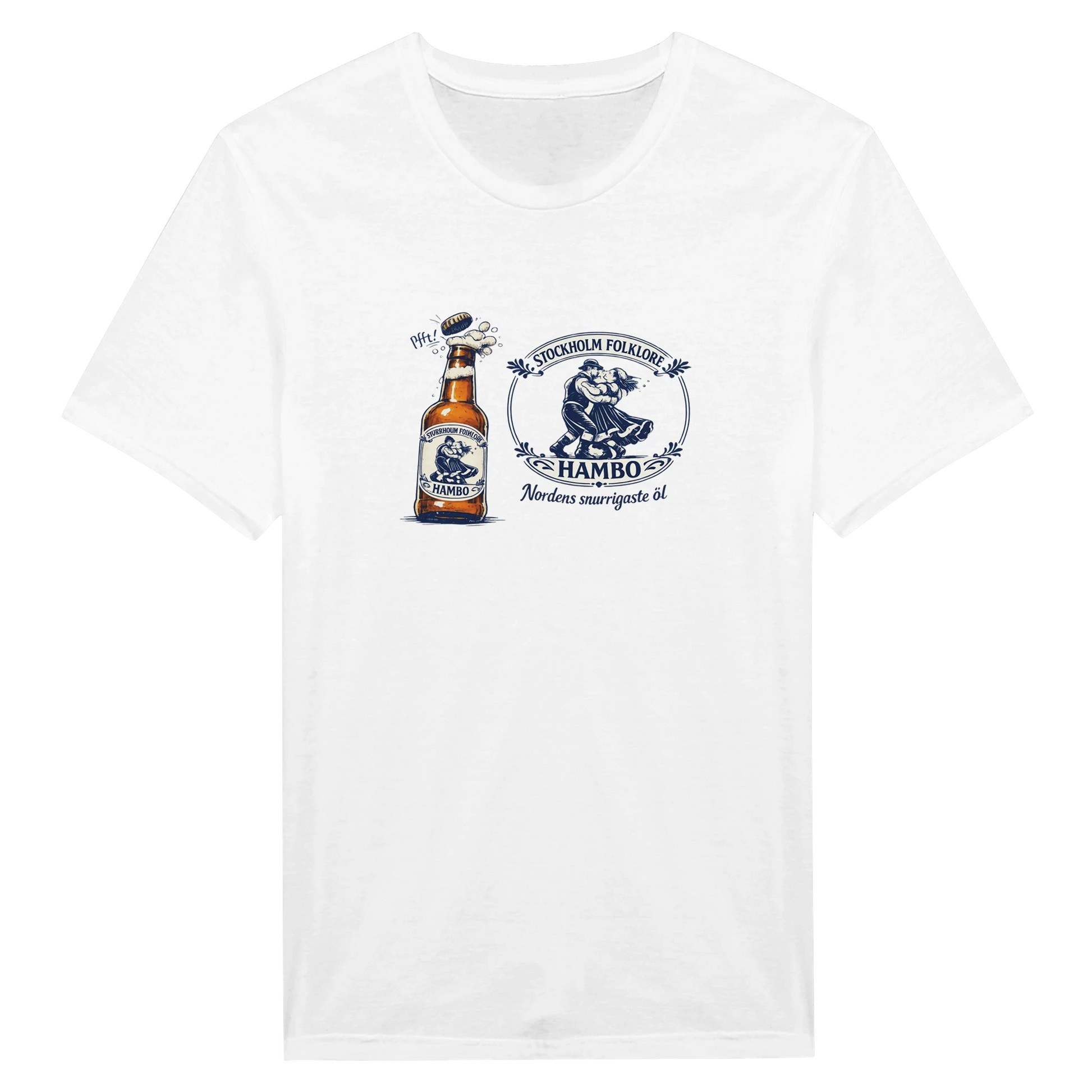 Nordic Folk Art - Hambo Folköl humor t-shirt med illustration av ölflaska och folkdansmotiv