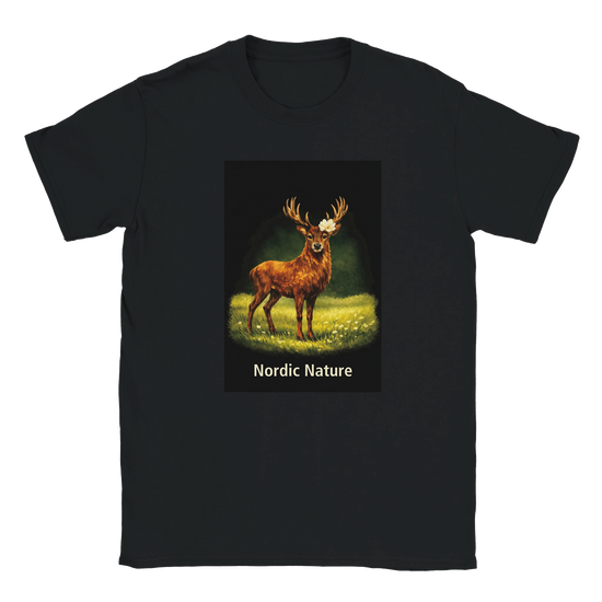 Nordic Nature T-shirt featuring a stag in a serene meadow design on a black cotton tee.