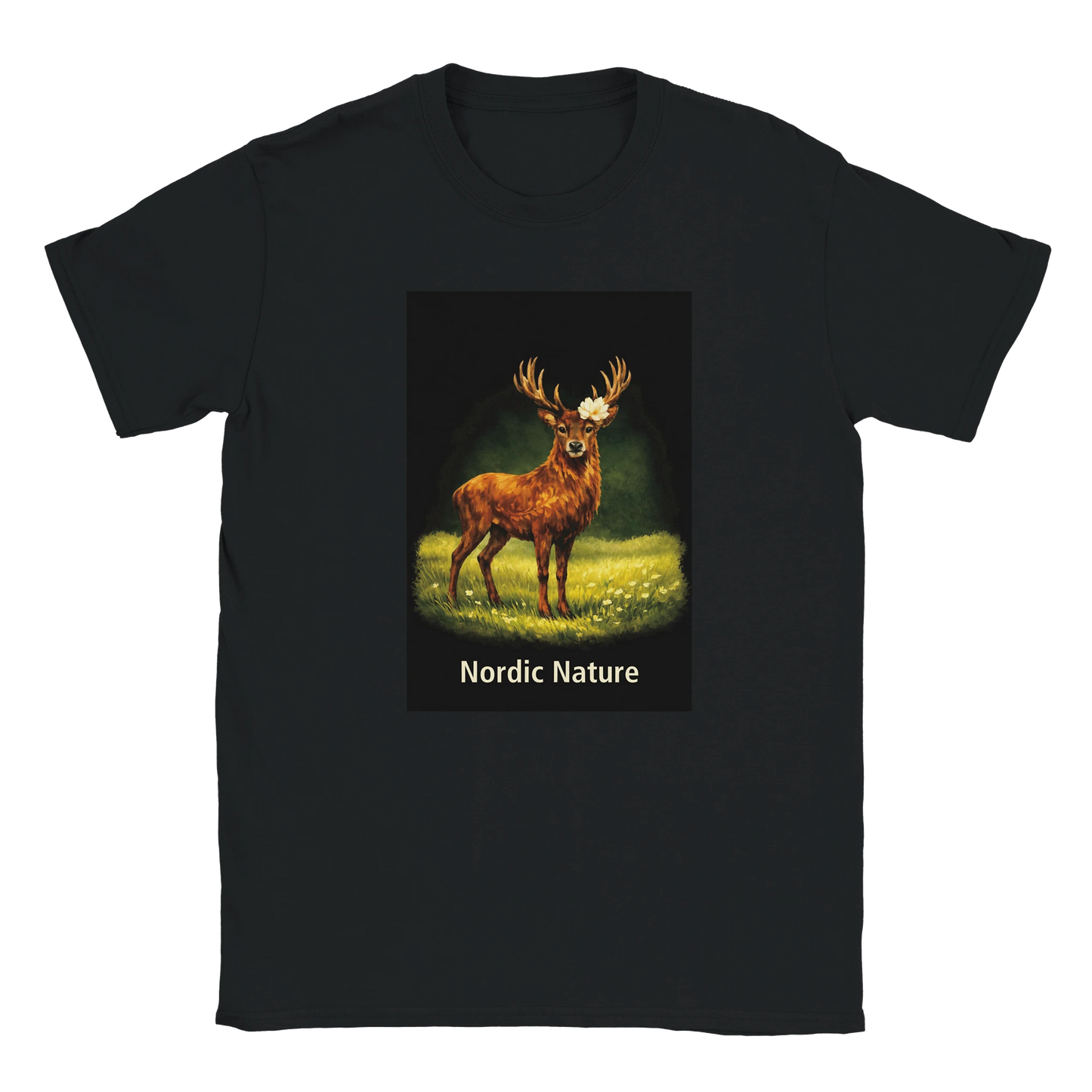 Nordic Nature T-shirt featuring a stag in a serene meadow design on a black cotton tee.