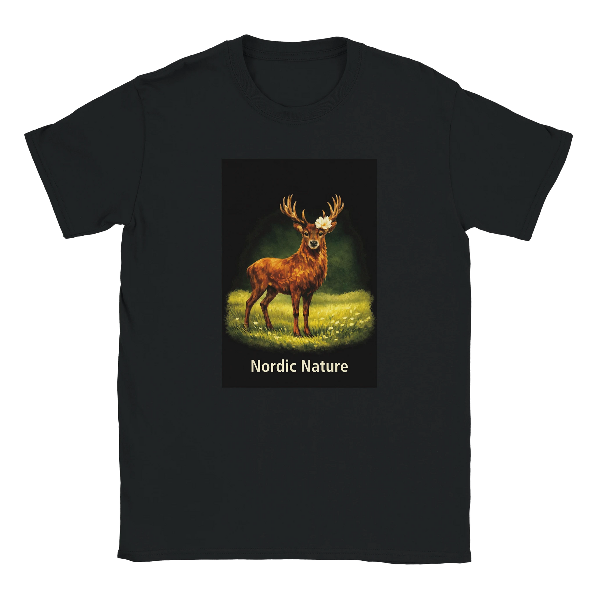 Nordic Nature T-shirt featuring a stag in a serene meadow design on a black cotton tee.