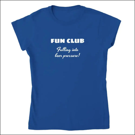 Beer T-shirt för kvinnor med fun club design och vit text på kungsblå bakgrund.