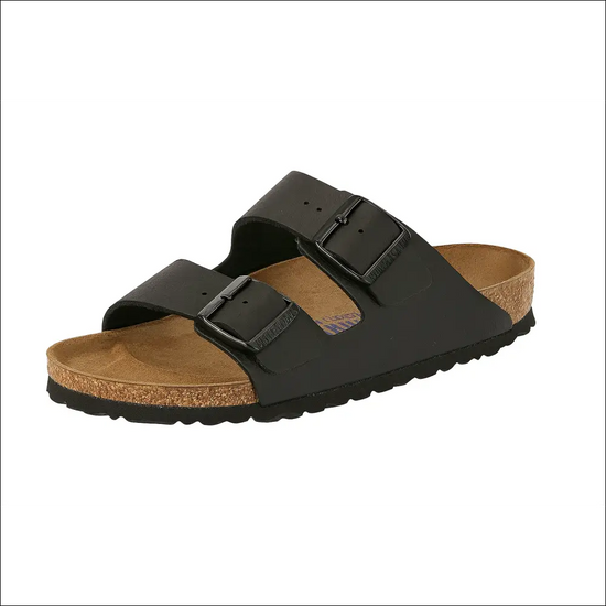Birkenstock Arizona Svart BirkoFlor small soft footbed sandals with adjustable straps and cork sole.