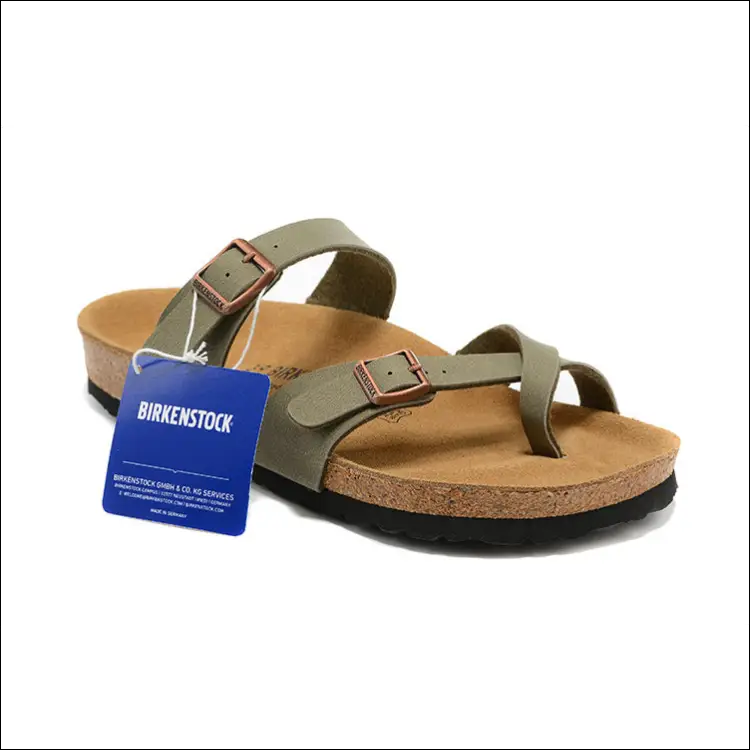 Birkenstock Mayari Sandals in Stone Birko-Flor with adjustable straps and cork footbed.