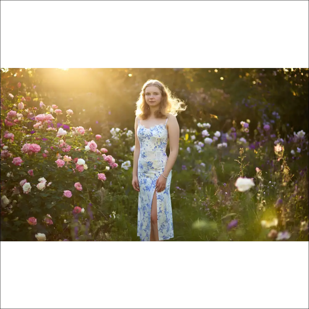 Blommig sommarklänning med axelband och slits fotograferad i blomsterträdgård i solnedgång.