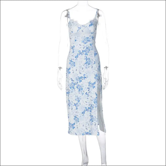 Blue White Floral Nattlinne med axelband Slits & Spetskant – Satinlook Blå / S Klänningar