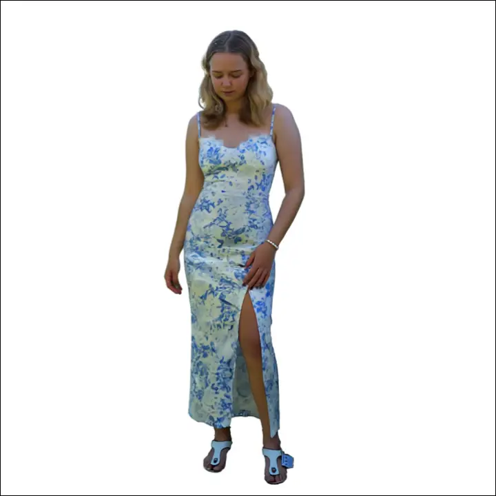 Blue White Floral Nattlinne med axelband Slits & Spetskant – Satinlook Klänningar