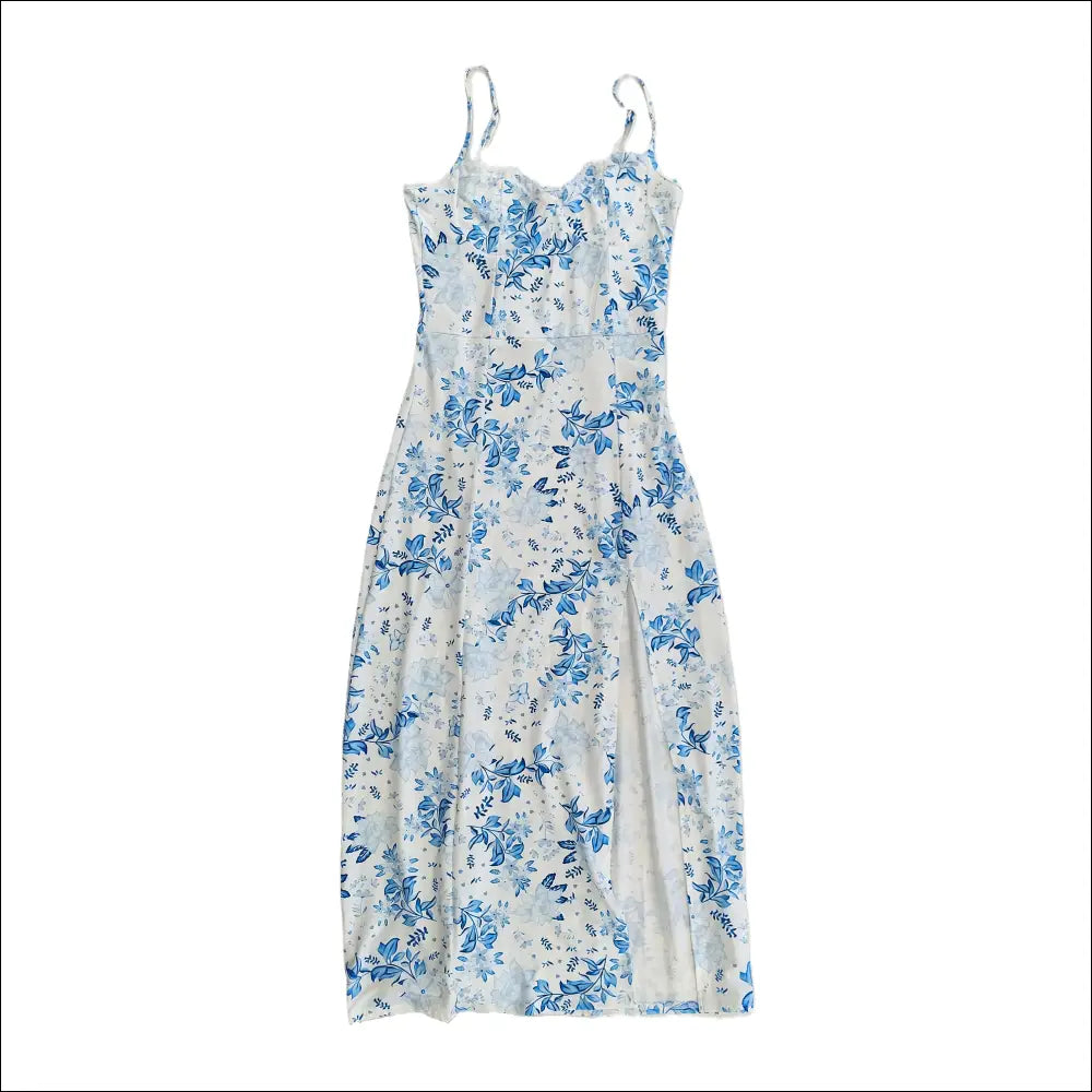 Blue White Floral Nattlinne med axelband Slits & Spetskant – Satinlook Klänningar